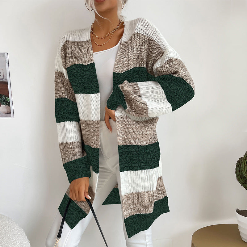 Striped Open Front Cardigan with Long Length