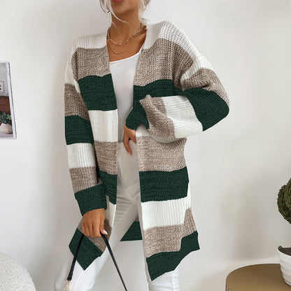 Striped Open Front Cardigan with Long Length