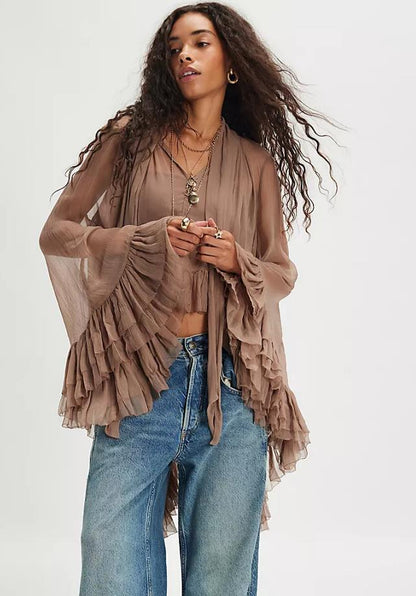 Sheer Chiffon Blouse with Tie-Neck and Ruffled Bell Sleeves