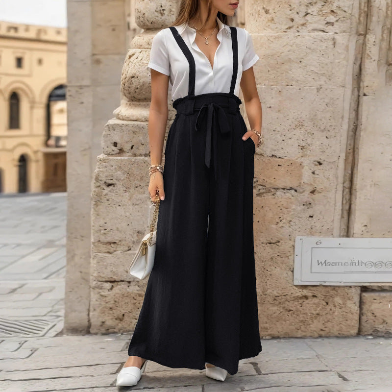 Wide-Leg Suspender Trousers with High Waist and Tie-Waist