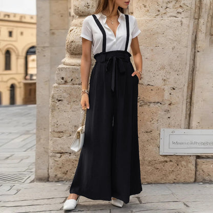 Wide-Leg Suspender Trousers with High Waist and Tie-Waist
