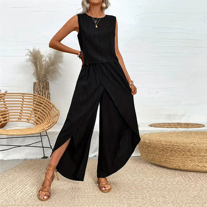 Solid Textured Two-Piece Pants Set with Sleeveless Top and Split Wide-Leg Pants