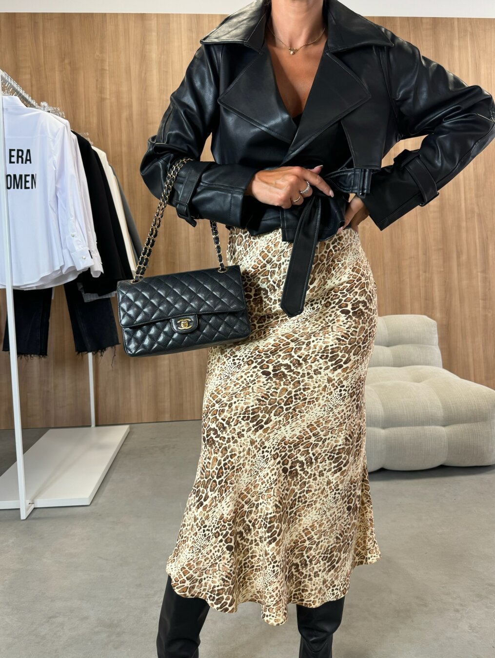 Animal Print Slip Midi Skirt with High Waist