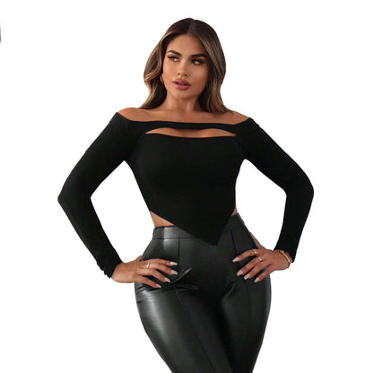 Slim Fit Long Sleeve Crop Top with Cutout and Pointed Hem
