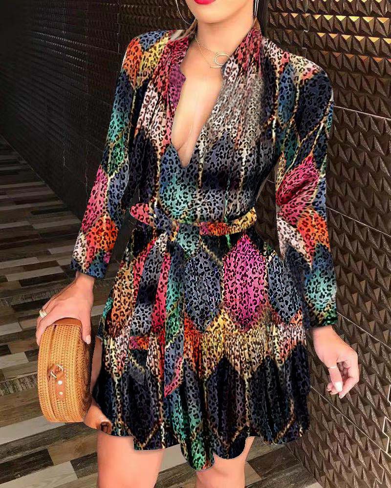 Printed A-Line Mini Dress with V-Neck and Tie-Waist