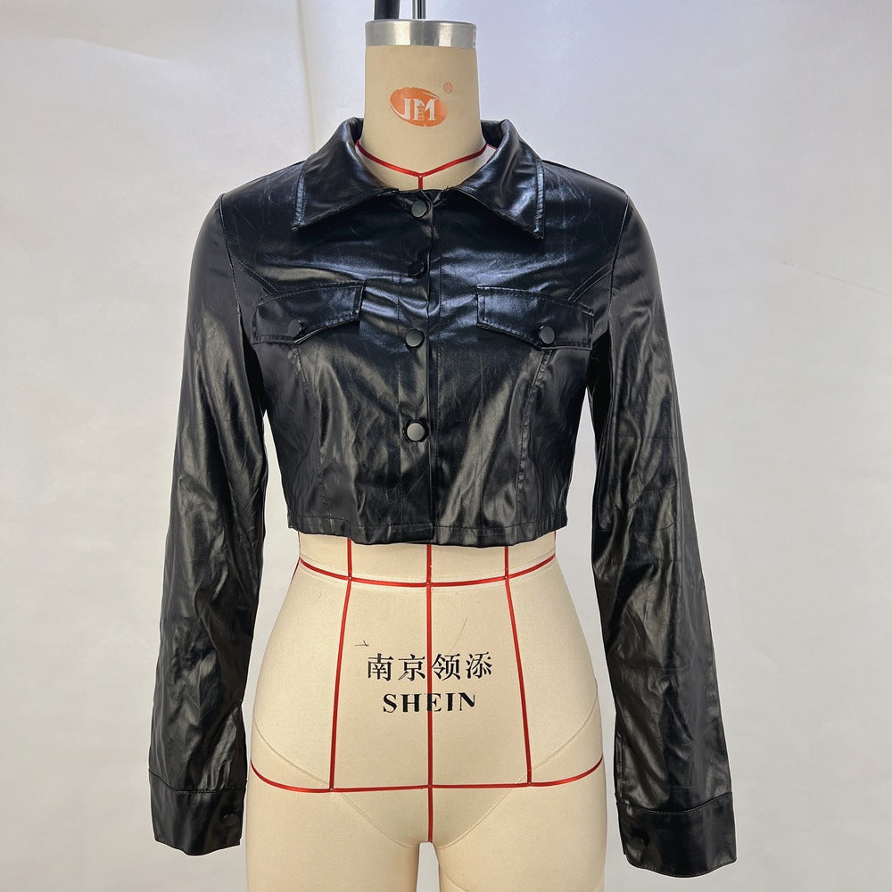 Cropped Loose Fit PU Leather Jacket with Lapel and Flap Pockets