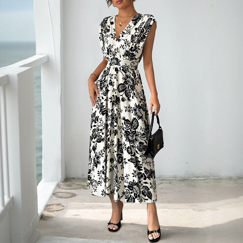 Black & White Floral A-Line Midi Dress with V-Neck & High Waist