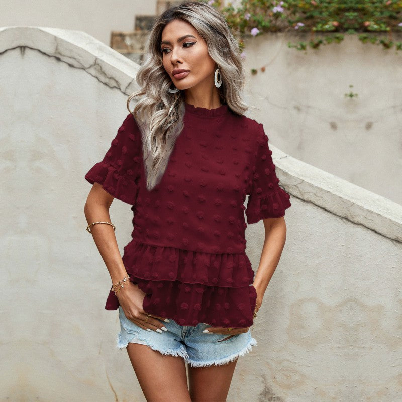 Swiss Dot Peplum Blouse with Ruffled Short Sleeves