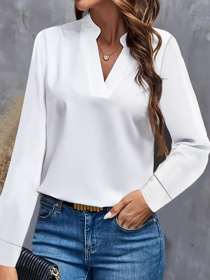 Solid Color Blouse with Stand Collar V-Neck and Long Sleeves