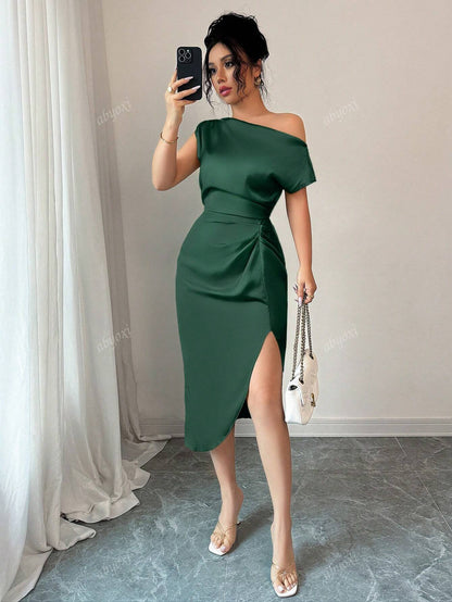 Off-Shoulder Sheath Midi Dress with Ruched Waist and Slit