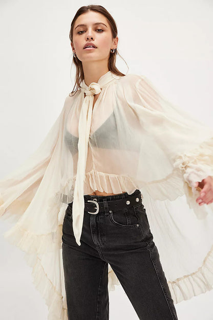 Sheer Chiffon Blouse with Tie-Neck and Ruffled Bell Sleeves