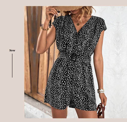 Printed Romper with V-Neck, Cap Sleeves, and Belt