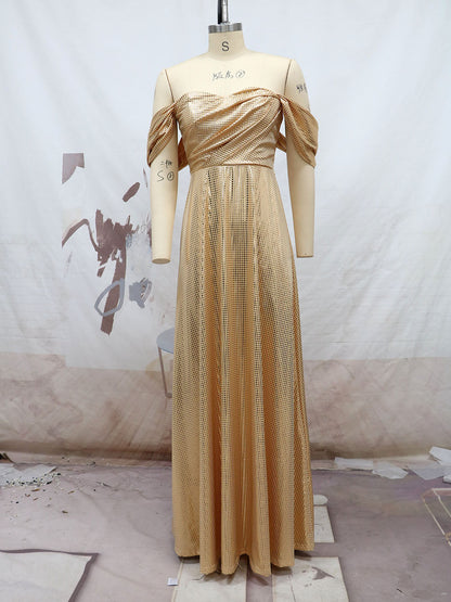A-Line Maxi Dress with Off-Shoulder Puff Sleeves and Textured Shimmer