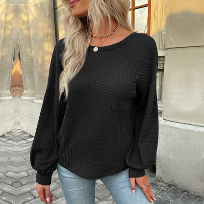 Waffle Knit Top with Lantern Sleeves and Strappy Back