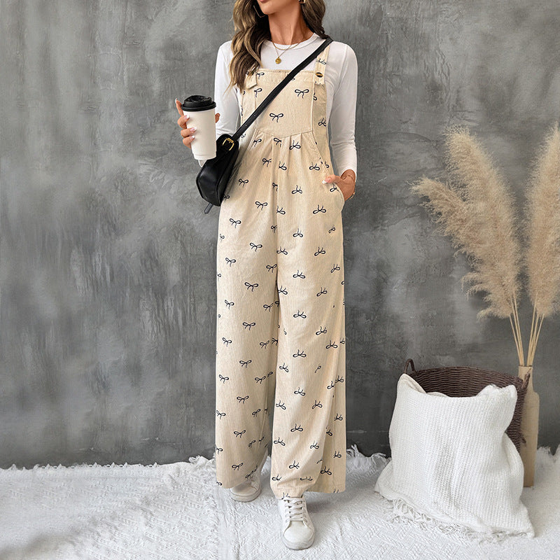 Wide-Leg Corduroy Overalls with Allover Bow Print