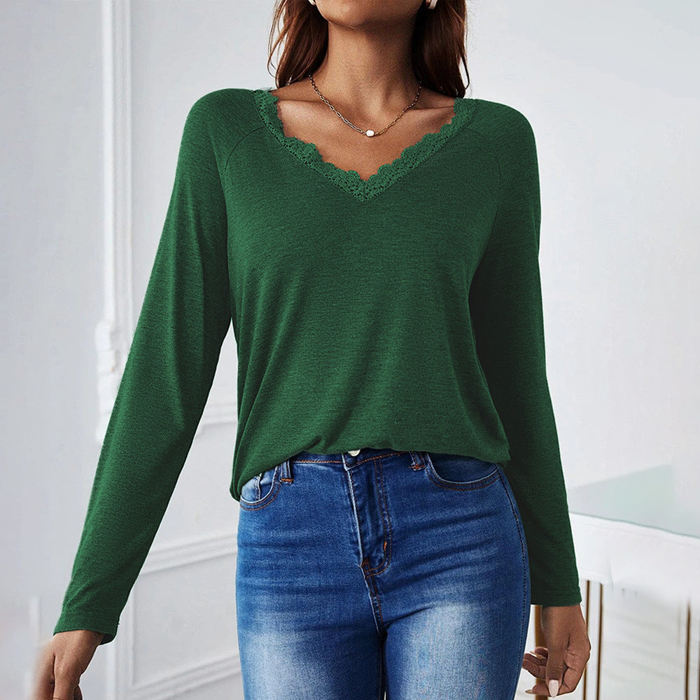 Solid Long Sleeve Pullover with Lace-Trim V-Neck