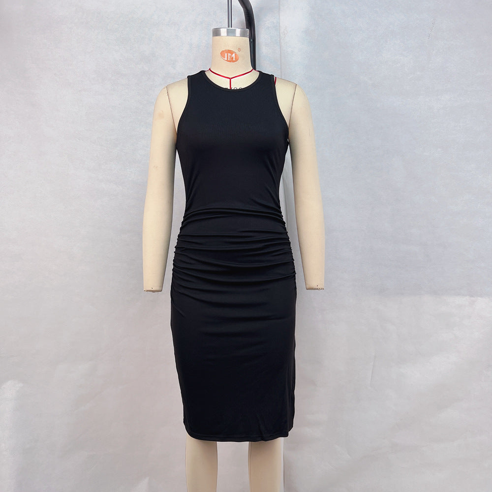Slim Fit Sleeveless Solid Color Midi Dress With Three-Dimensional