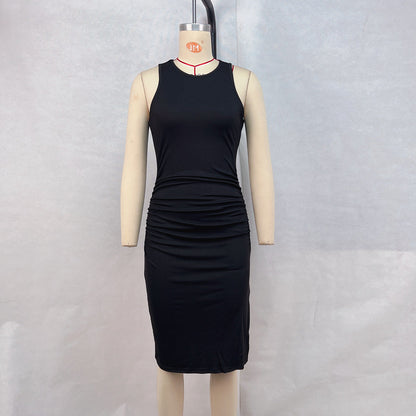 Slim Fit Sleeveless Solid Color Midi Dress With Three-Dimensional