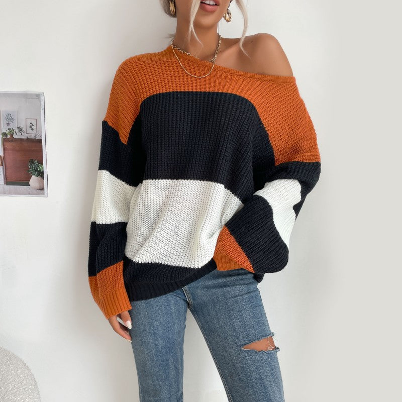 Oversized Color-Block Knit Pullover with Crewneck
