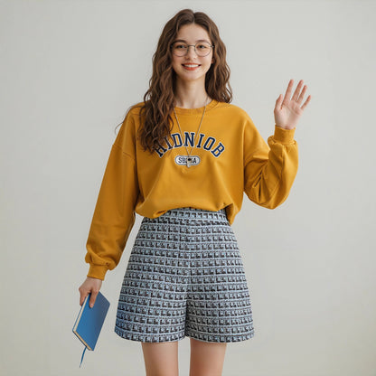 Tweed Shorts with High Waist and Side Zipper