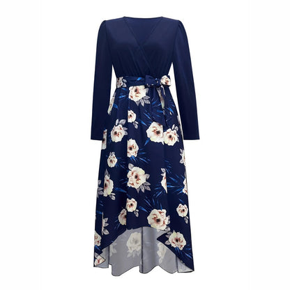 Spliced Floral A-Line Dress with V-Neck and Irregular Hem