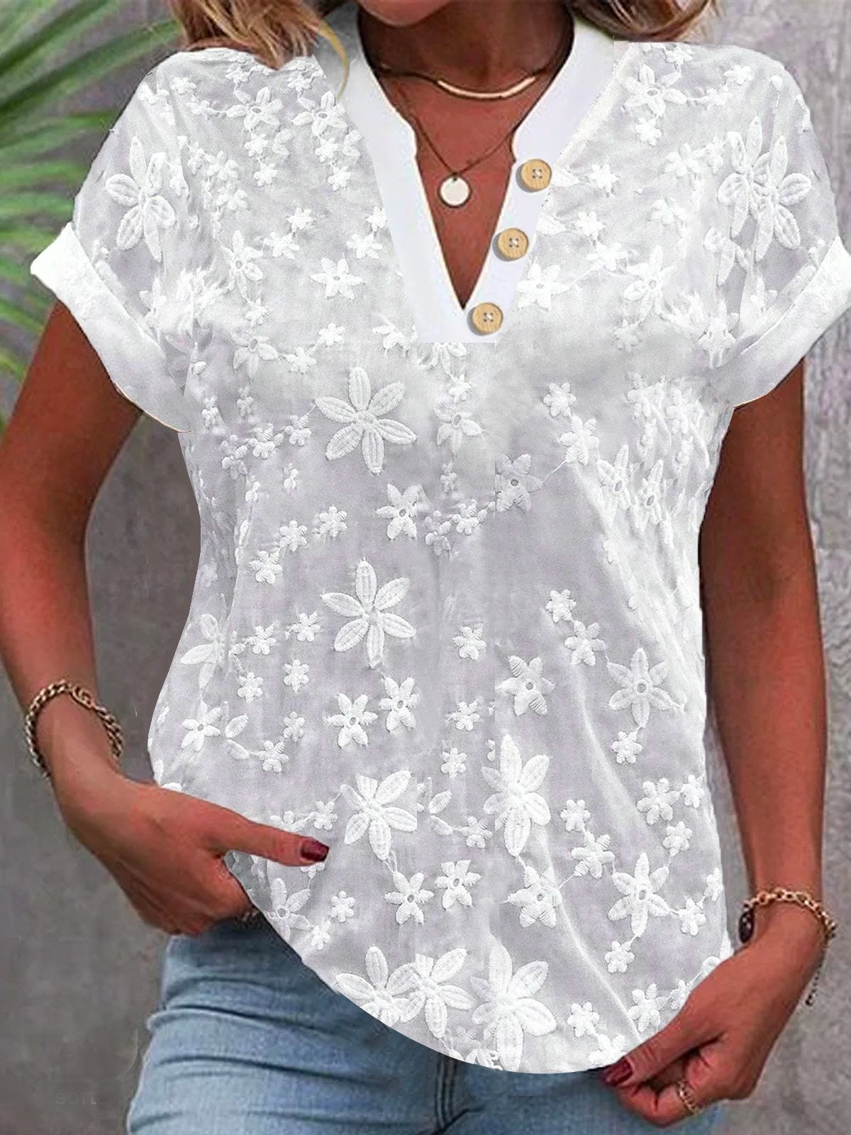 Textured Floral V-Neck Top with Cuffed Short Sleeves