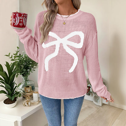 Christmas Bow Print Pullover Sweater with Round Neck