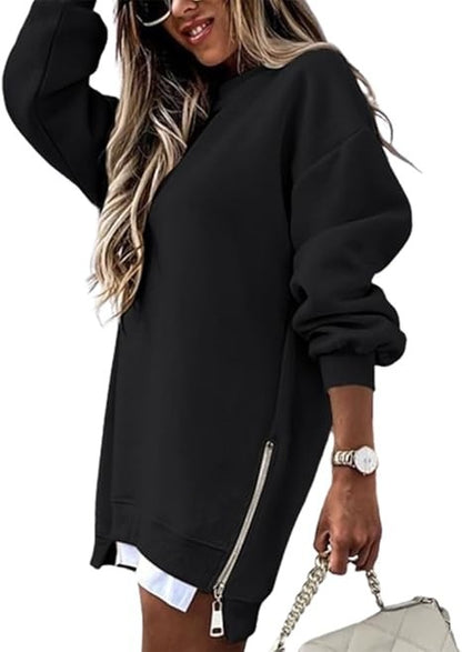 Oversized Sweatshirt Tunic with Side Zippers and Faux Layered Hem
