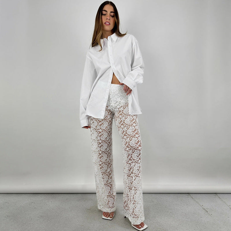 Straight-Leg Floral Lace Trousers with High Waist