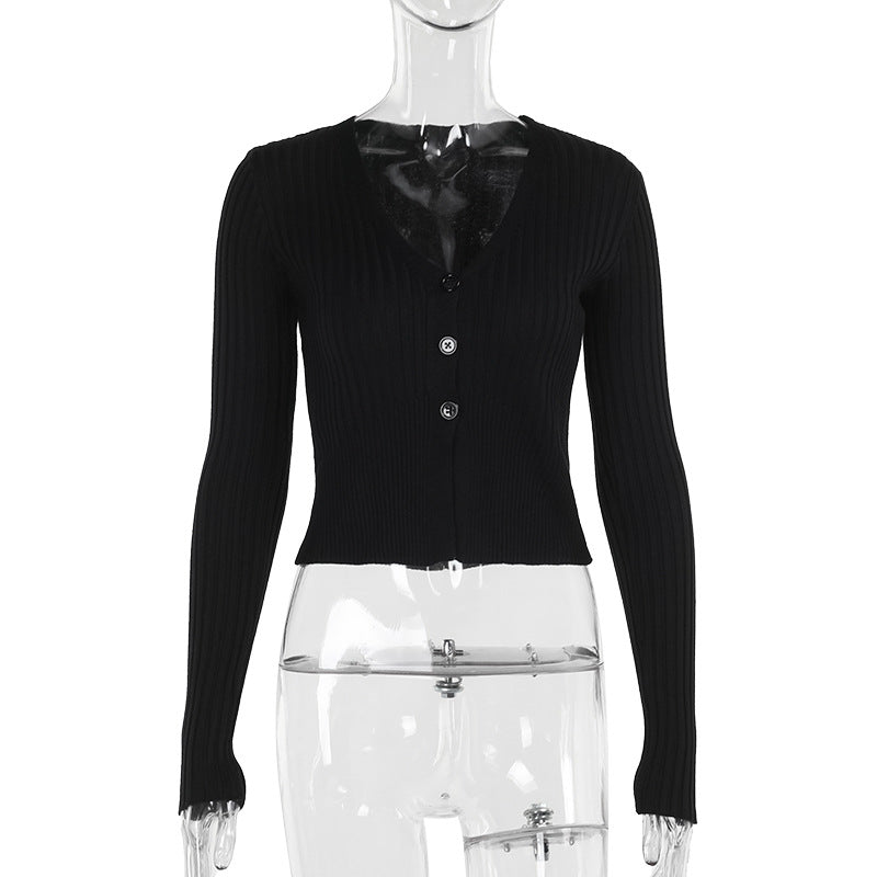 Cropped Ribbed Cardigan with Button Front and V-Neck