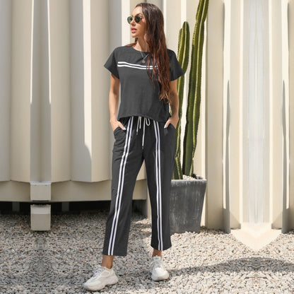 Striped Two-Piece Set with Short Sleeves and Drawstring Trousers