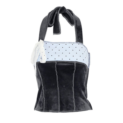 Cropped Polka Dot Halter Top with Velvet Splicing