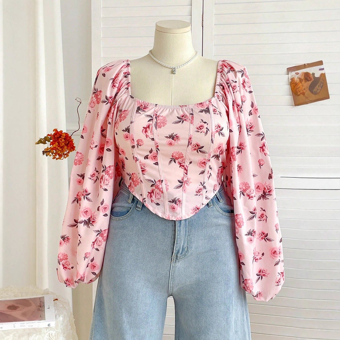 Floral Print Corset Top with Square Neck and Puff Sleeves