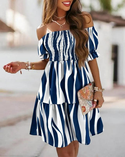 Printed Off-Shoulder Mini Dress with Smocked Bodice