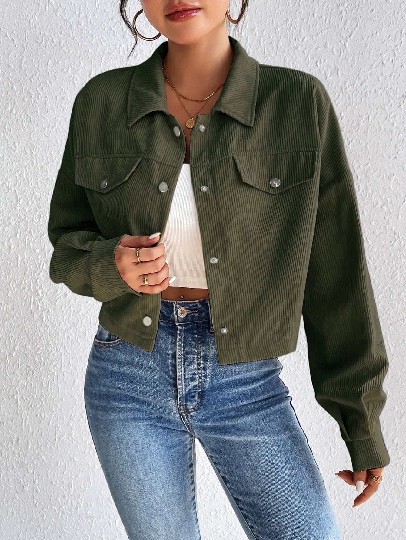 Cropped Corduroy Jacket with Button Front and Chest Pockets
