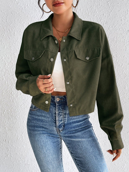 Cropped Corduroy Jacket with Button Front and Chest Pockets