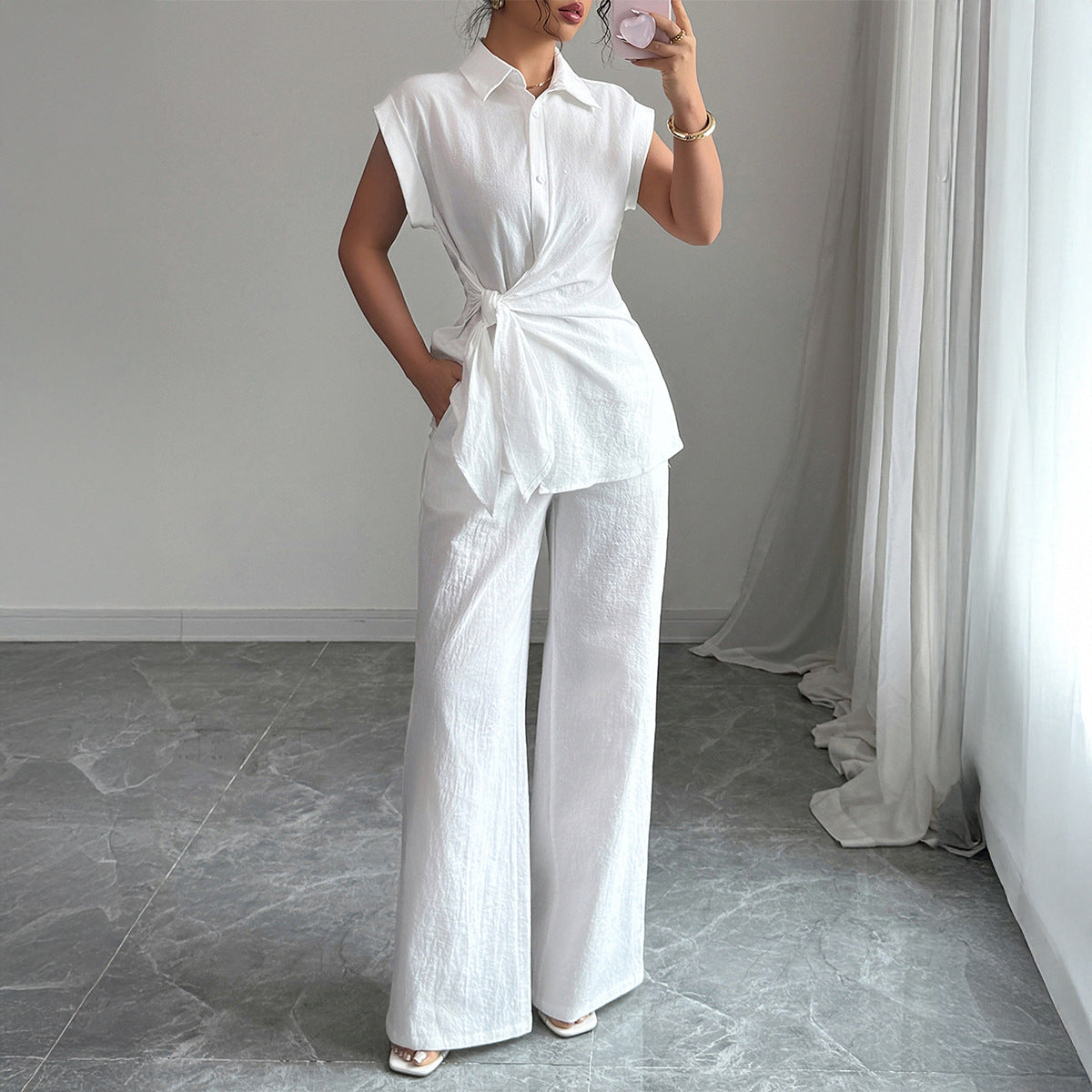 Solid Tie-Front Collared Top & Wide-Leg Pants Set