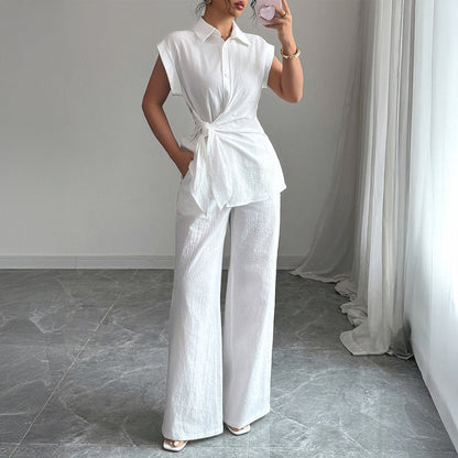 Solid Tie-Front Collared Top & Wide-Leg Pants Set