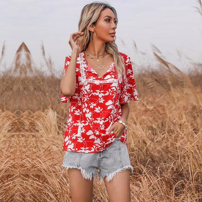 Floral Print Loose Blouse with Lace Trim and Tassel Ties