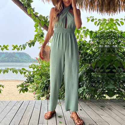 Solid Straight-Leg Jumpsuit with Halter Neck and Smocked Waist