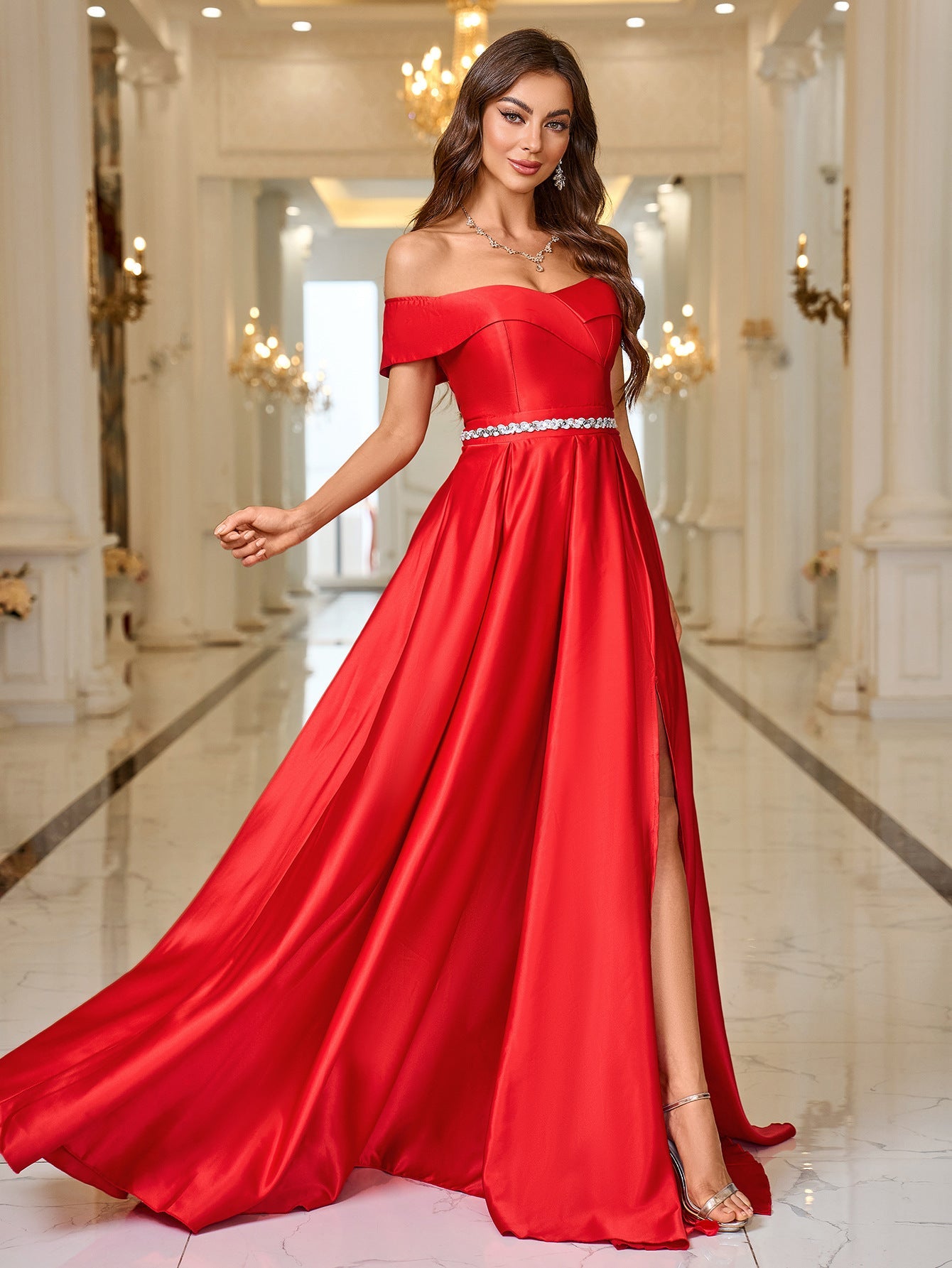 Off-Shoulder A-Line Gown with Slit and Rhinestone Waist