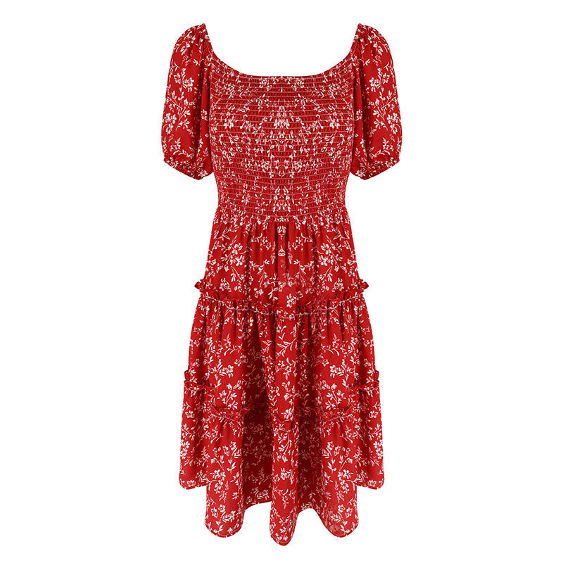 Red Floral Print Midi Dress with Shirred Bodice and Tiered Skirt