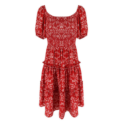 Red Floral Print Midi Dress with Shirred Bodice and Tiered Skirt
