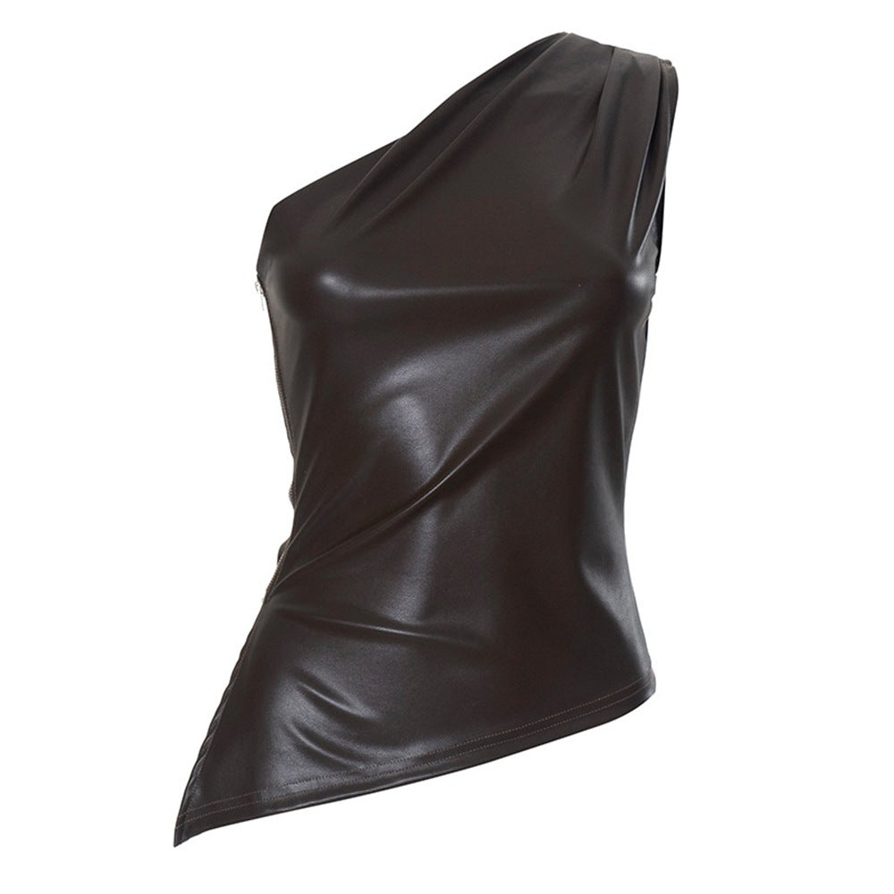 Sleeveless One-Shoulder Slant Collar Top Solid Color
