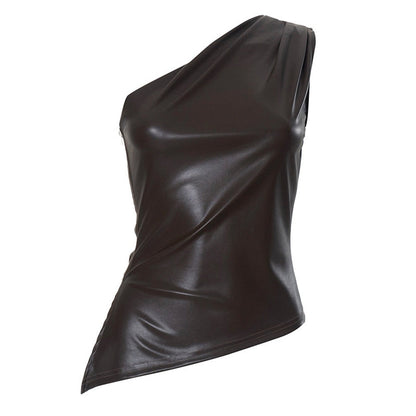 Sleeveless One-Shoulder Slant Collar Top Solid Color