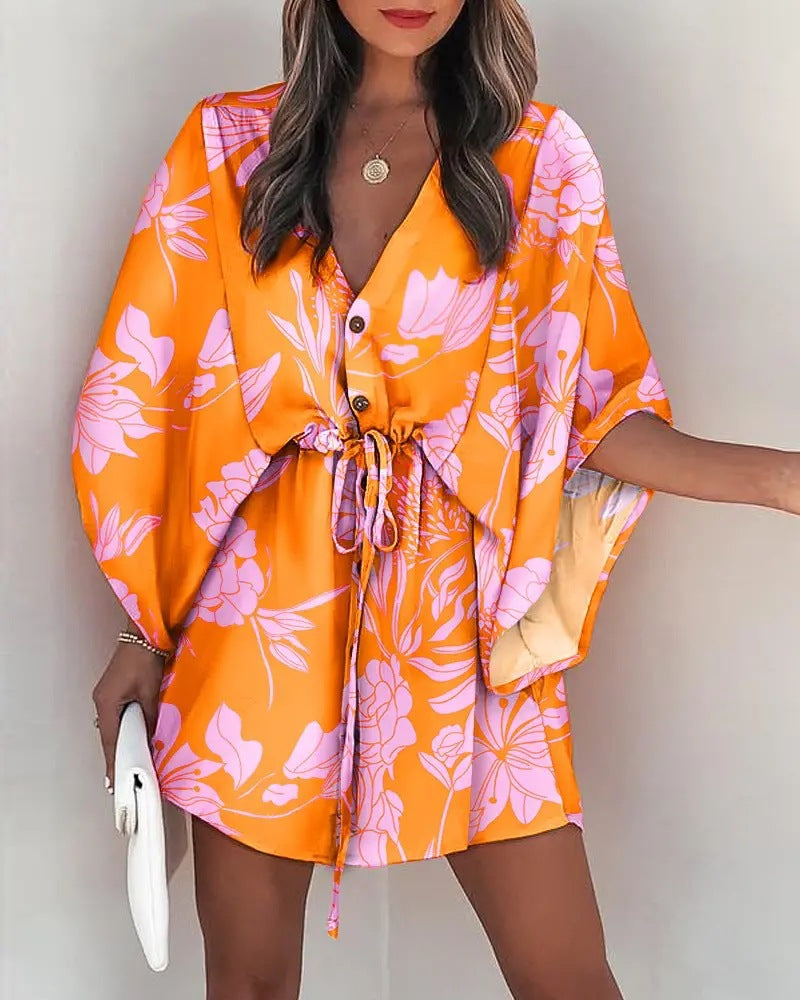 Printed Mini Dress with Bat Sleeves and Drawstring Waist
