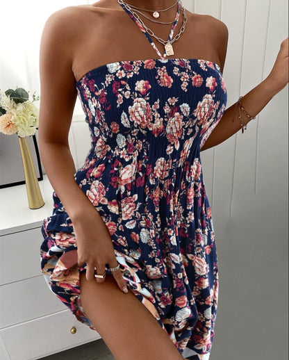 Floral Print Midi Dress with Halter Neck and Smocked Bodice