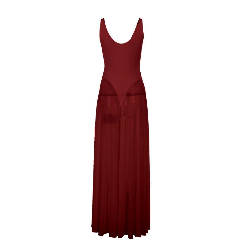 A-Line Maxi Dress with Leopard Print and Sheer Pleated Skirt
