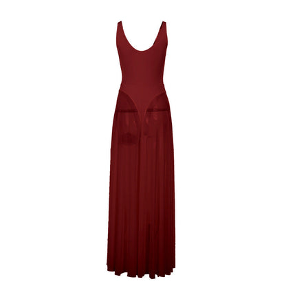 A-Line Maxi Dress with Leopard Print and Sheer Pleated Skirt