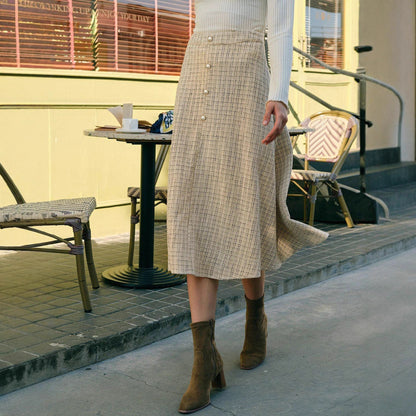Plaid A-Line Midi Skirt with High Waist and Button Front
